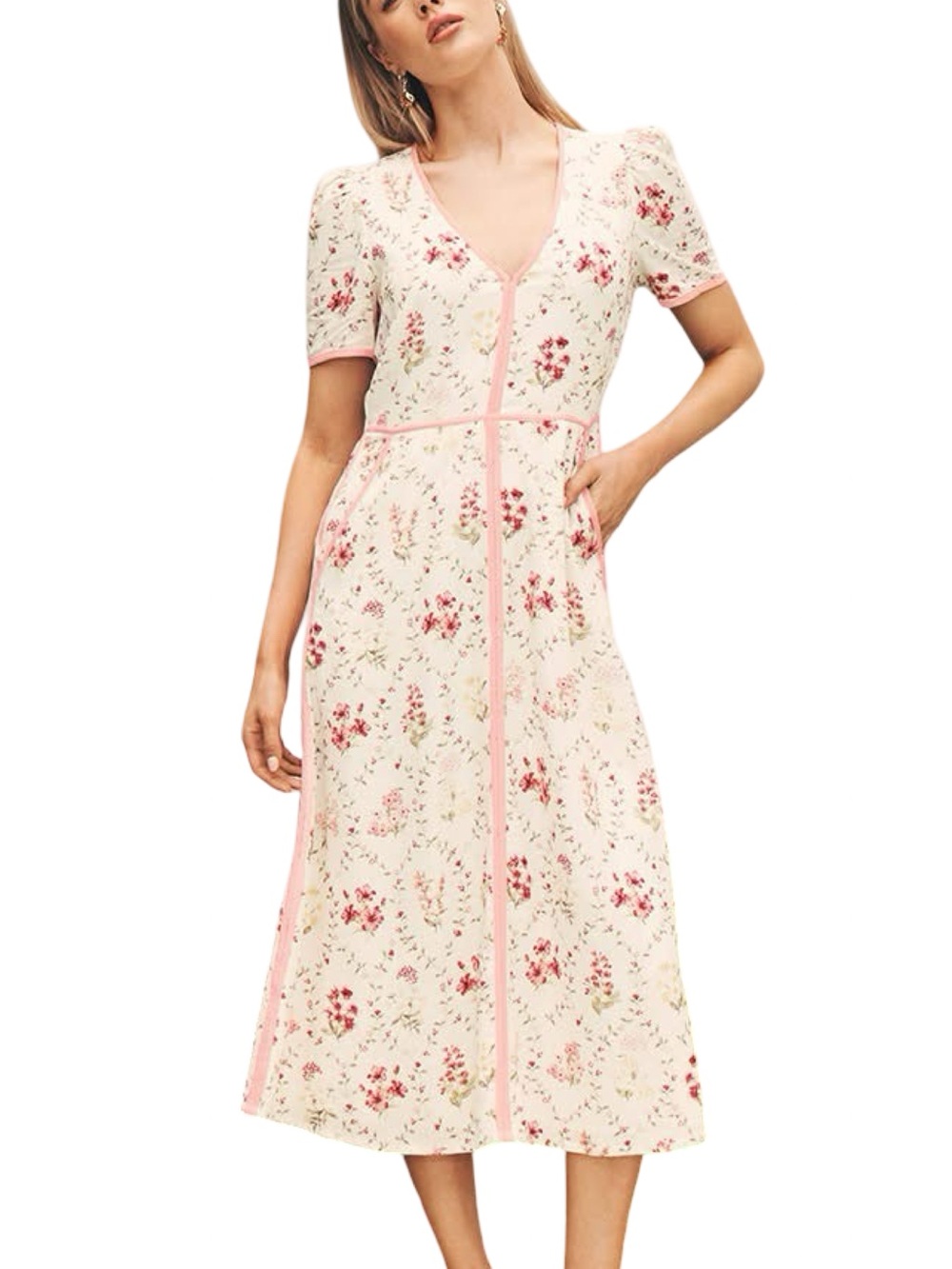 Ever New Sabrina Printed Linen Midi Dress Cream Pink Floral Linen Blend Feminine